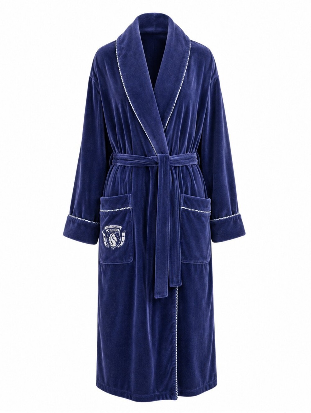 PIERRE CARDIN | Vintage Blue Velour Designer Robe Belted Crest Pockets | M